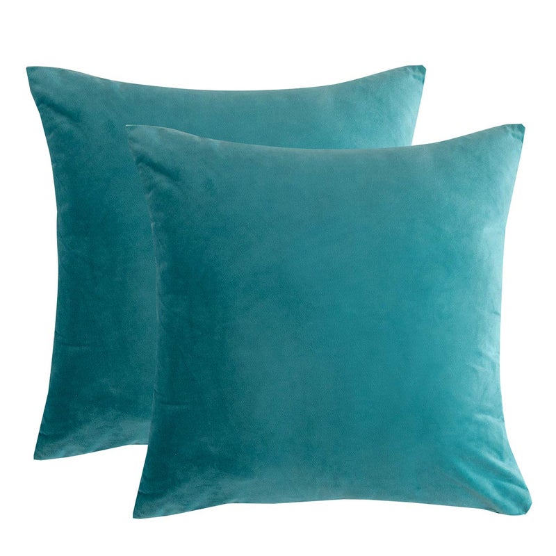 RainRoad Velvet Decorative Throw Pillow Covers Cushion Cover Pillow Case for Sofa Couch Bed Chair,Soft Square Light Teal Throw Pillows 18x18 Inch,Set of 2 - Image 1